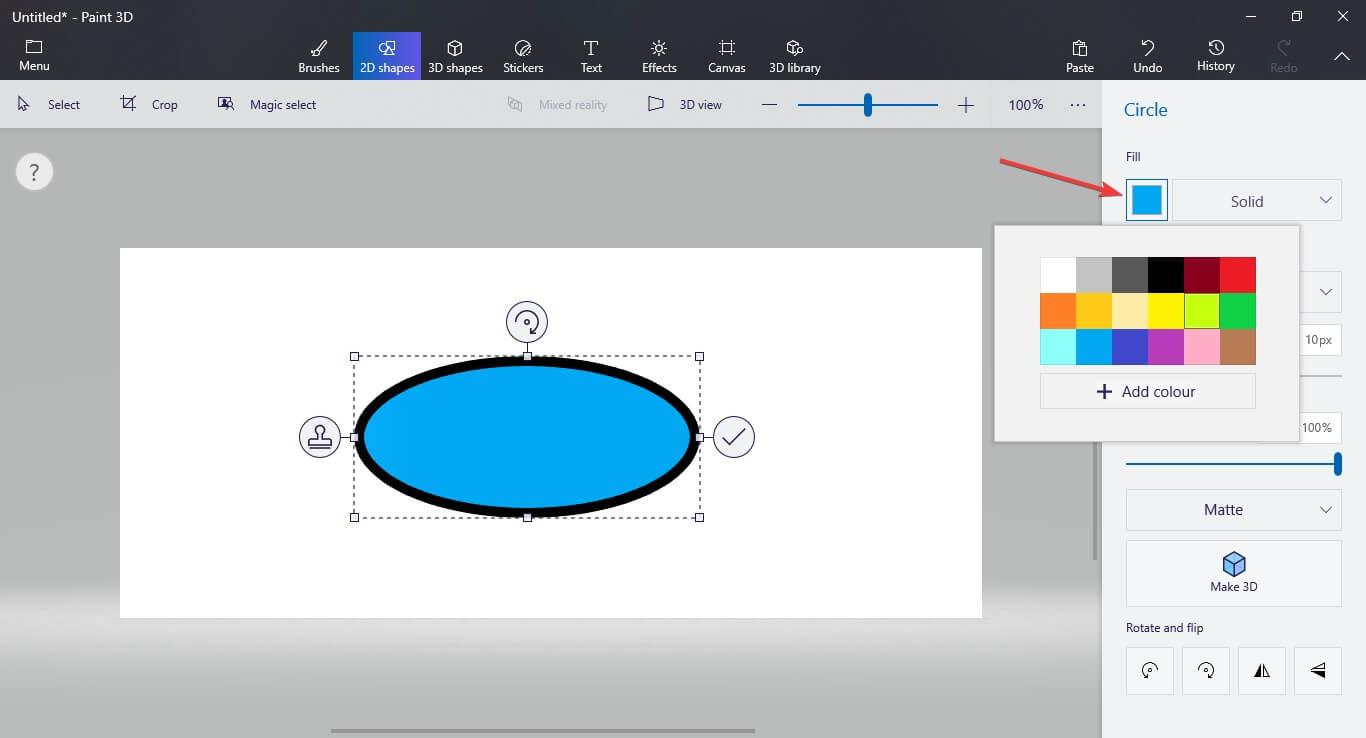 Wypełnij opcje kolorów - paint3d jak zmienić kolor