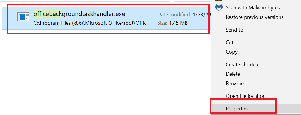 Kliknij prawym przyciskiem myszy właściwości exe modułu obsługi zadań w tle pakietu Office
