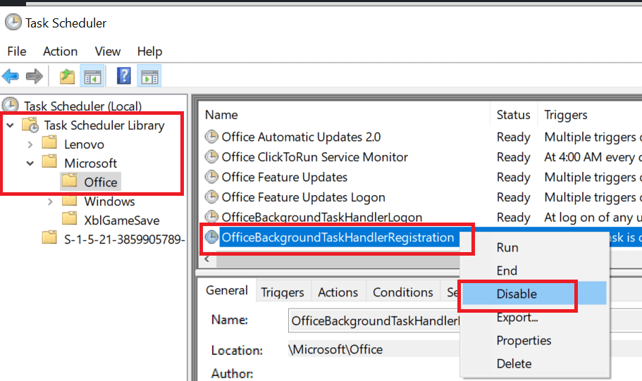 wyłącz terminarz zadań officebackgroundtaskhandleregistration