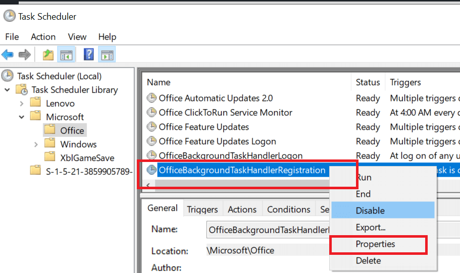 officebackgroundtaskhandle rejestracja właściwości harmonogramu zadań r