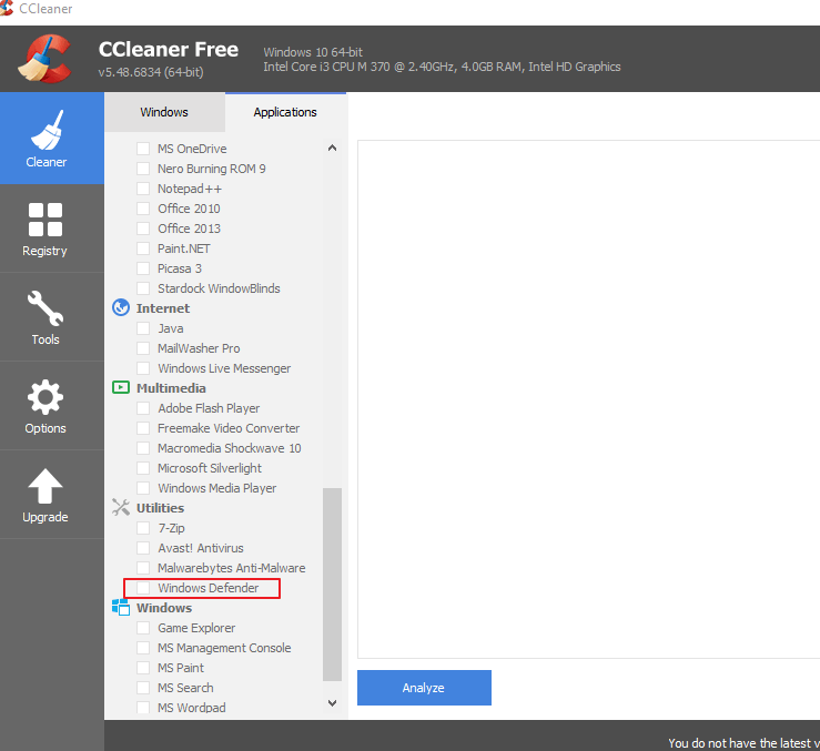 CCleaner Windows Defender systemu Windows musi przeskanować komputer