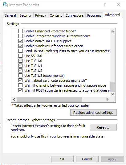 Karta Zaawansowane Windows 10 jak wyłączyć tls 1.0