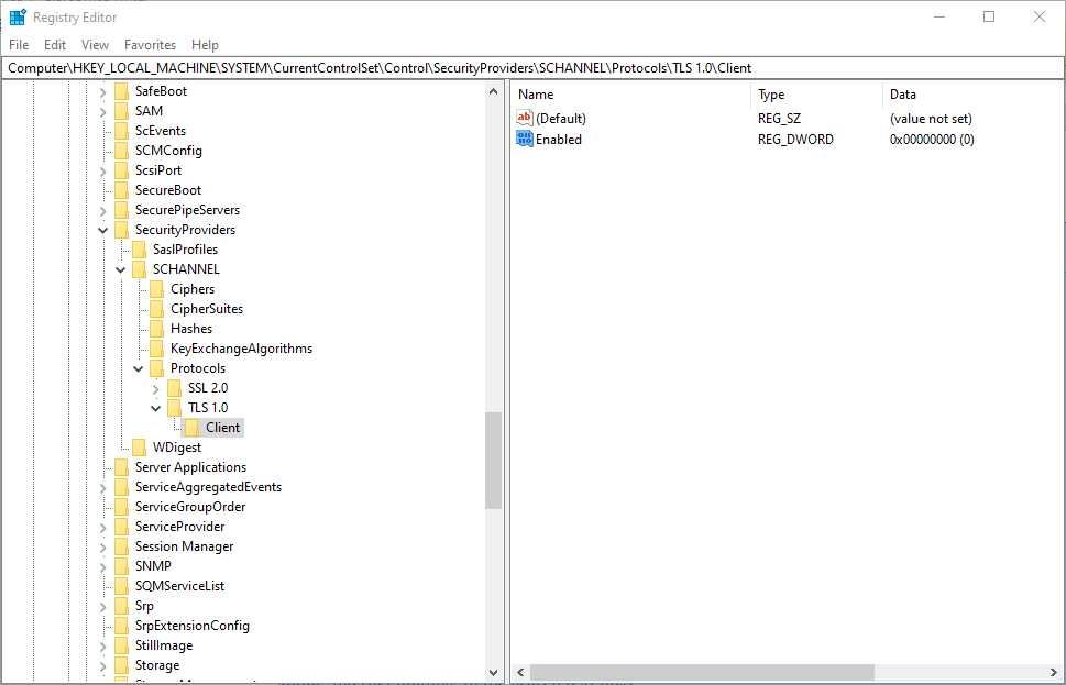 Włączone okna DWORD 10 jak wyłączyć tls 1.0