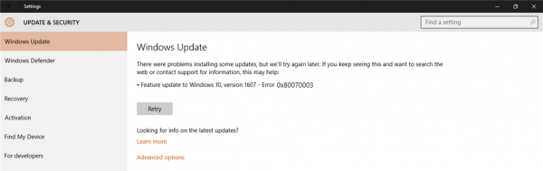 Błąd Windows Update 0x80070003 w Windows 10