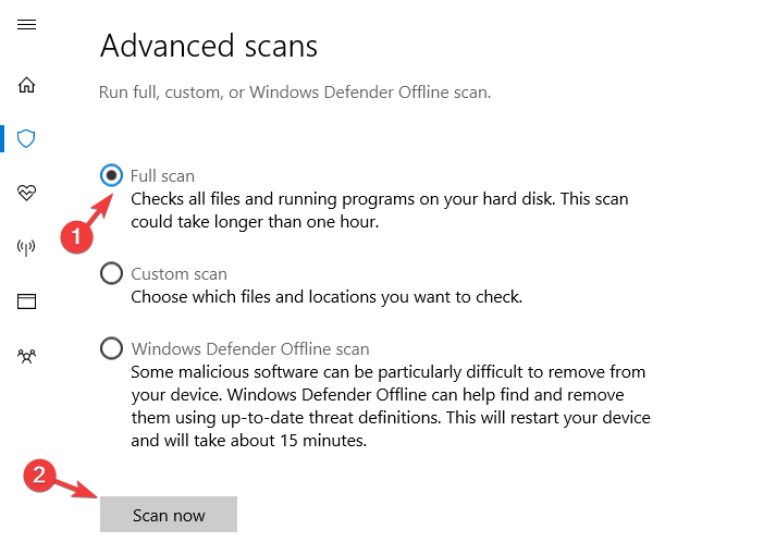 pełny skan systemu Windows Defender