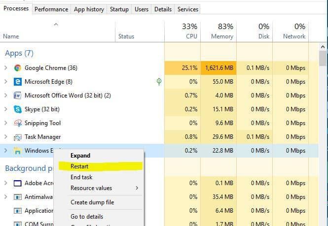 uruchom ponownie zrzut ekranu Eksploratora Windows