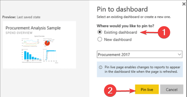 power bi dodaj pin raportu na żywo