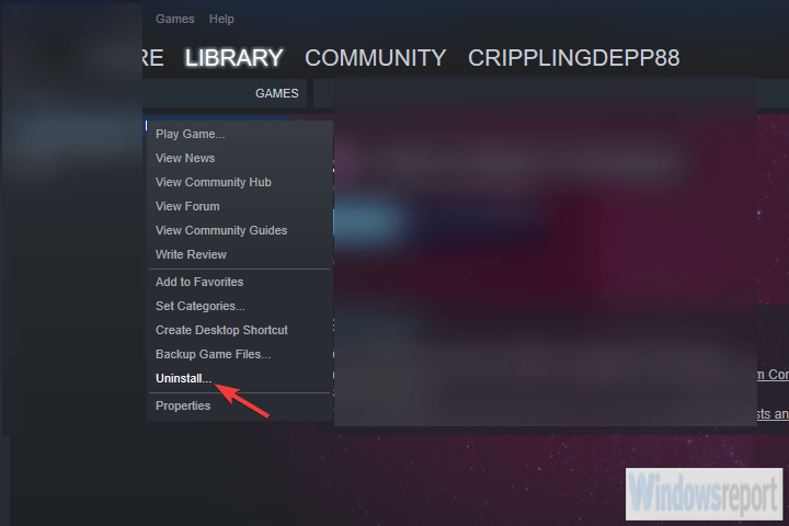 odinstaluj grę przez Steam