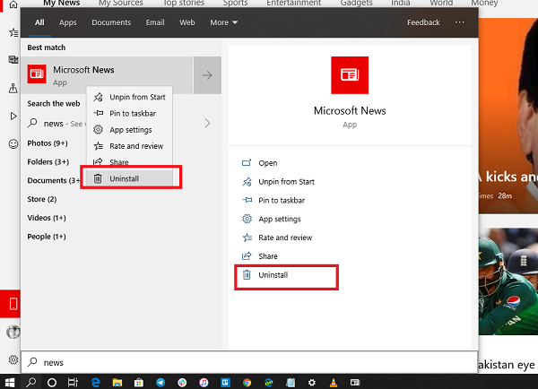 Odinstaluj aplikację Microsoft News poprzez Start