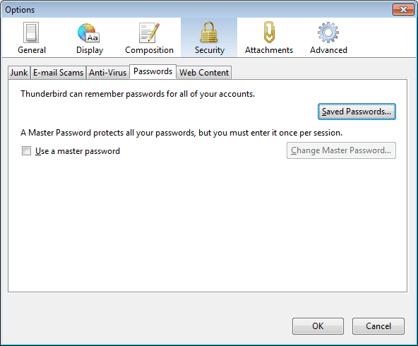 Thunderbird zapisał hasła