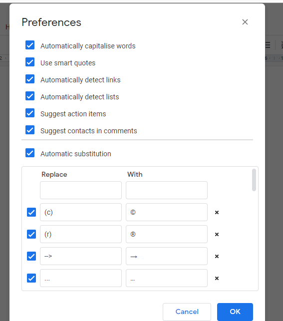 Okno Preferencje, jak wyłączyć automatyczne numerowanie w dokumentach word / excel / google