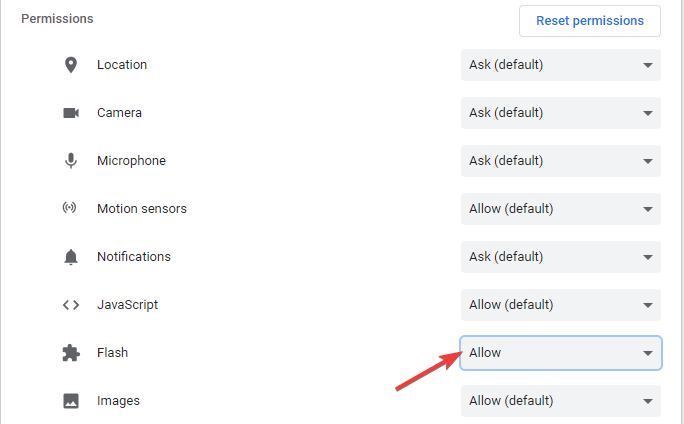 wybierz zezwól na włączenie Flash Playera w Chrome