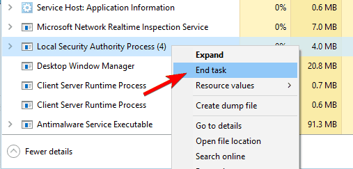 zakończ proces lokalnego urzędu bezpieczeństwa w Menedżerze zadań