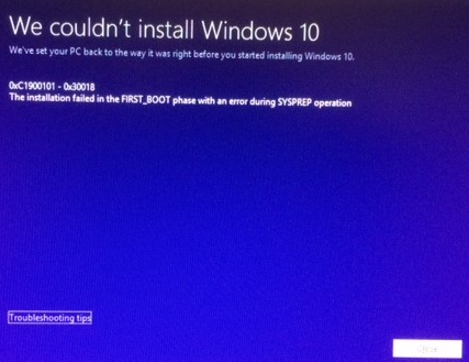 Nie mogliśmy zainstalować systemu Windows 10 0xC1900101 0x30018 SYSPREP