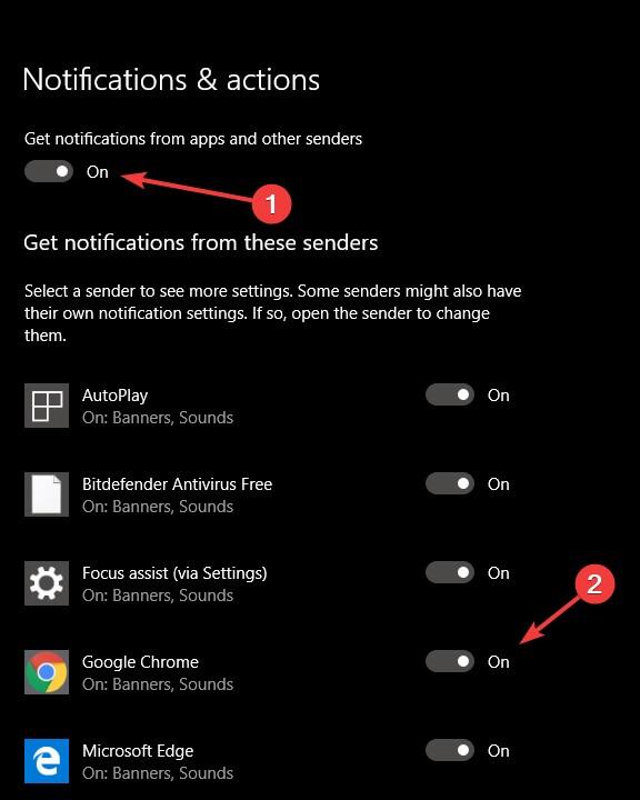 Ustawienia powiadomień Windows 10 - przeglądarka nie działa't support desktop notifications