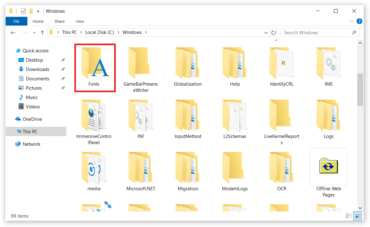 folder czcionek Windows 10