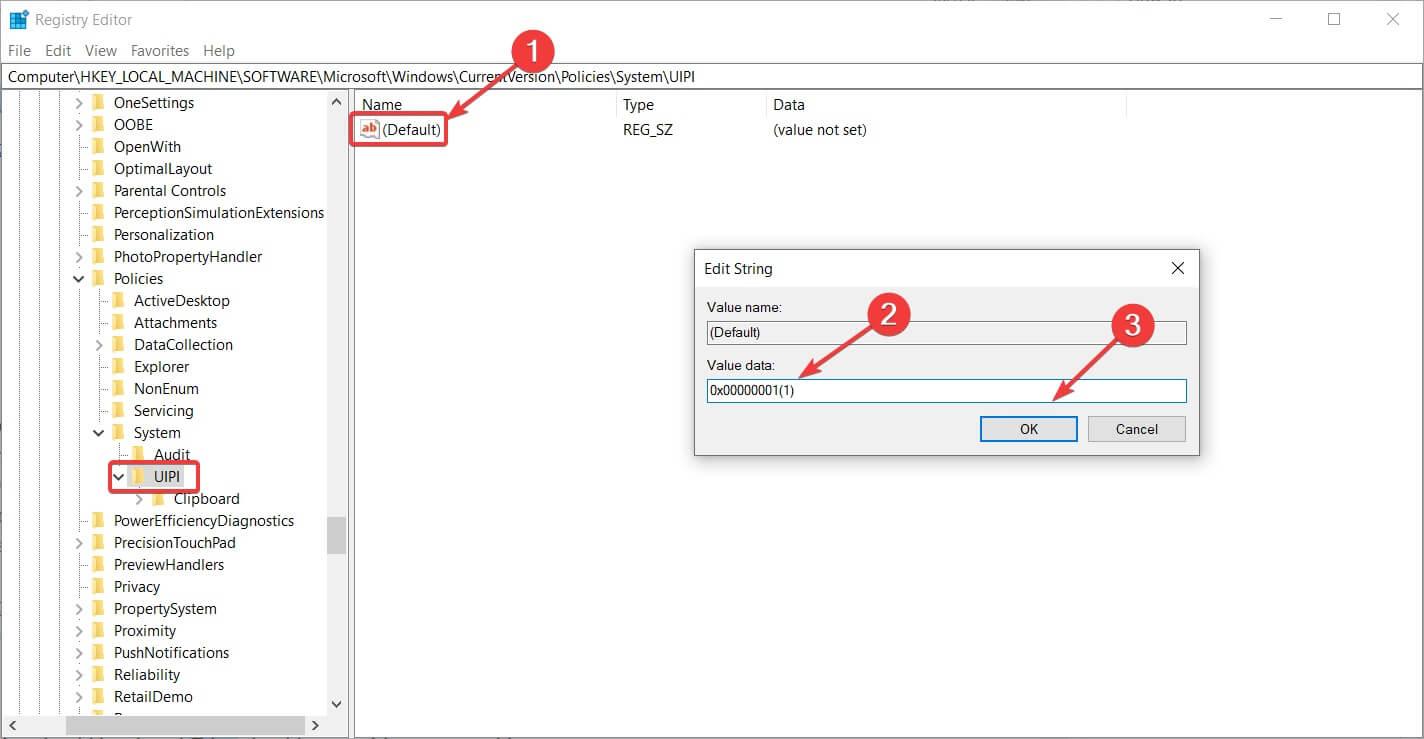 krawędź może't open registry editor default value