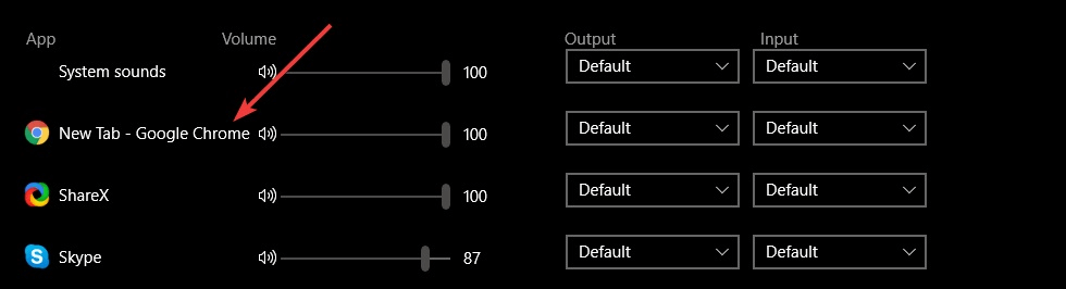 Indywidualne ustawienia wprowadzania danych wyjściowych dla określonych aplikacji - przeglądarka nie't support output device selection