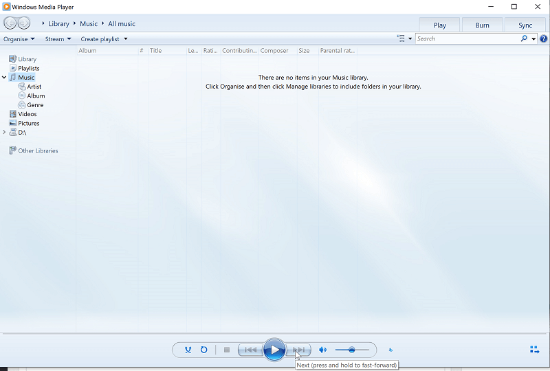 Naciśnij i przytrzymaj przycisk Dalej, jeśli Windows Media Player nie może przejść do przodu