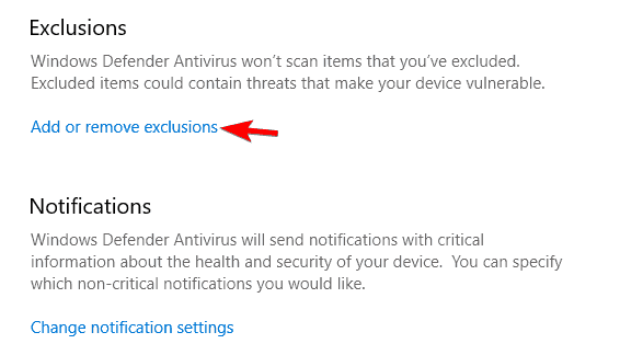 dodaj wyłączenia Windows Defender