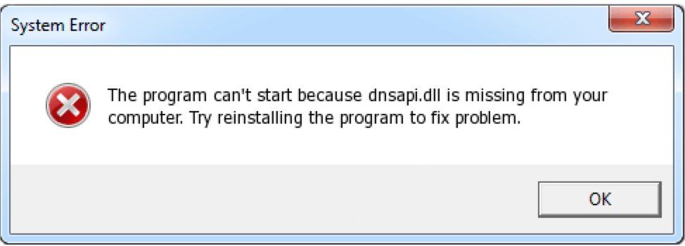 usunąć błąd Dnsapi.dll nie znaleziono