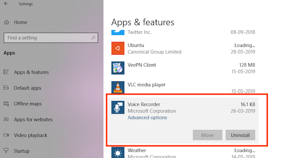 Odinstaluj aplikację dyktafonu w Ustawieniach systemu Windows 10