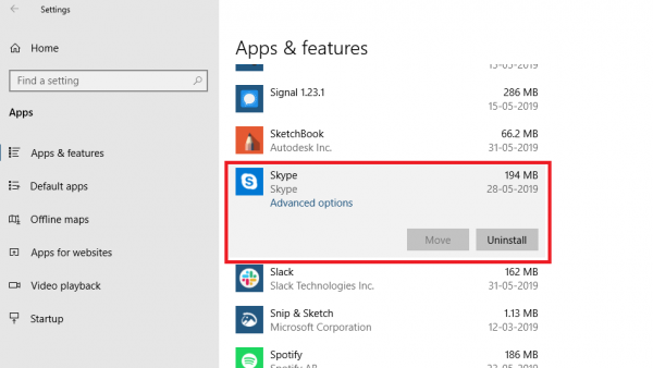odinstaluj aplikację Skype w ustawieniach systemu Windows 10