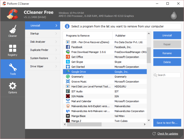 odinstaluj aplikacje ze Sklepu Windows za pomocą CCleaner