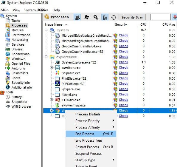 System Explorer przetwarza proces zakończenia