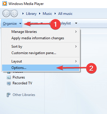 Opcje WMP Windows Media Player nie może nagrać niektórych plików