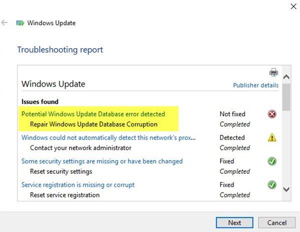 Wykryto potencjalny błąd bazy danych Windows Update