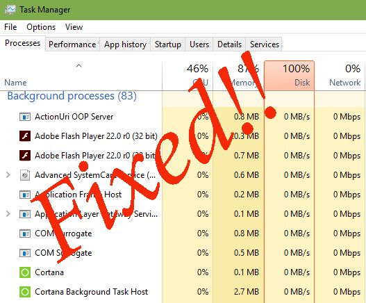 maksymalne użycie dysku w systemie Windows 10