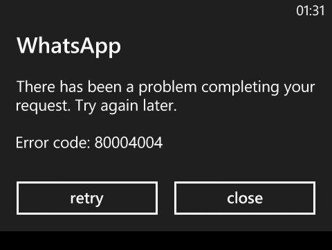 Kod błędu 80004004 Windows Phone