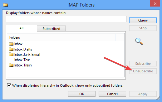 Anulowanie subskrypcji IMAP nie może usunąć folderu e-mail w programie Outlook