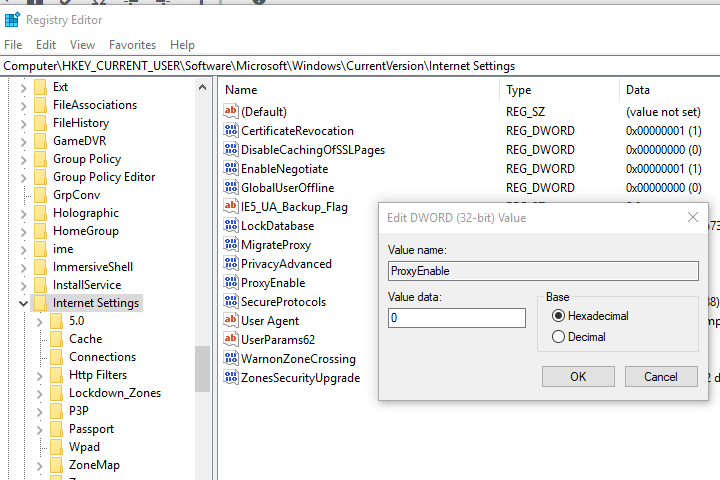 proxy włączone dword regedit