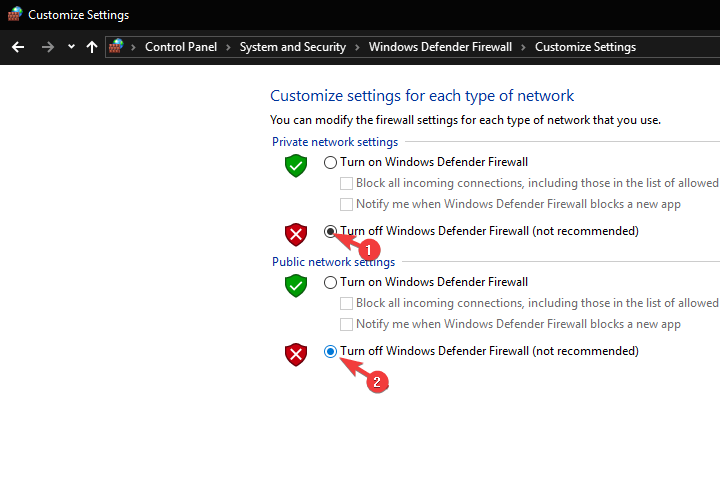 wyłącz zaporę systemu Windows Defender Err połączenie odmówił błędu przeglądania