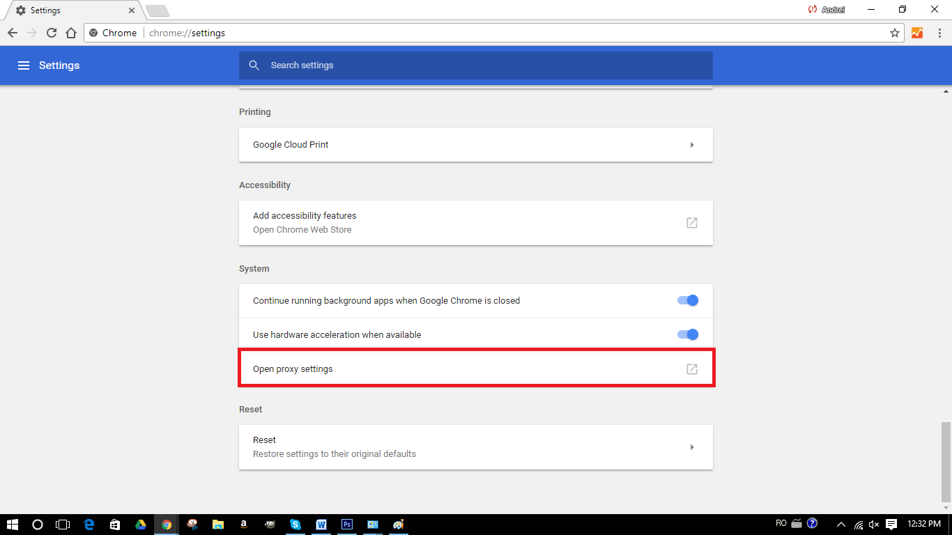 otwórz ustawienia proxy chrome