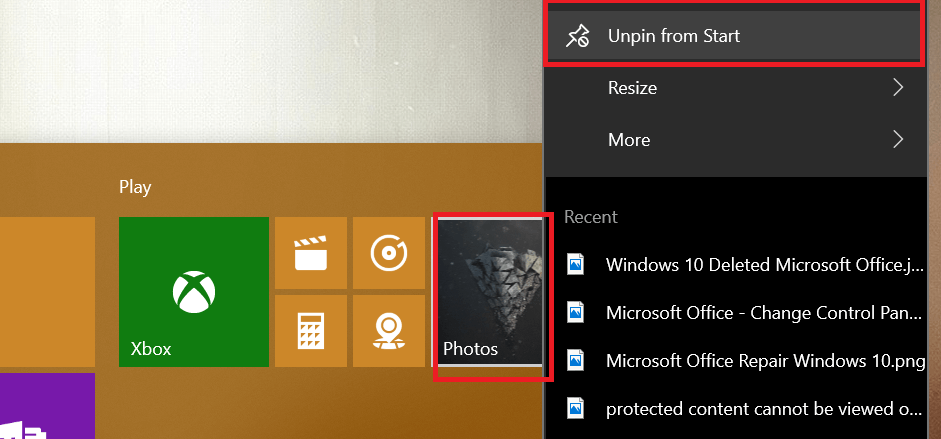 odpiąć kafelek zdjęć Kafelek fotografii systemu Windows 10 pokazuje usunięte zdjęcia