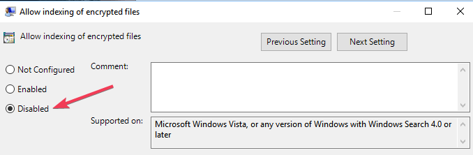 wyłącz indeksowanie zaszyfrowanych plików Windows 10