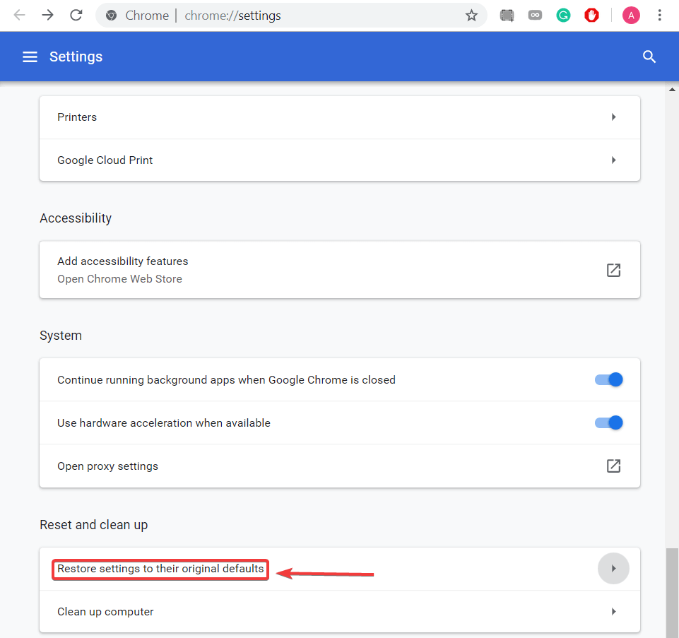 przywróć ustawienia chrome