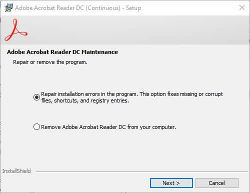 napraw konfigurację programu Adobe Acrobat Reader