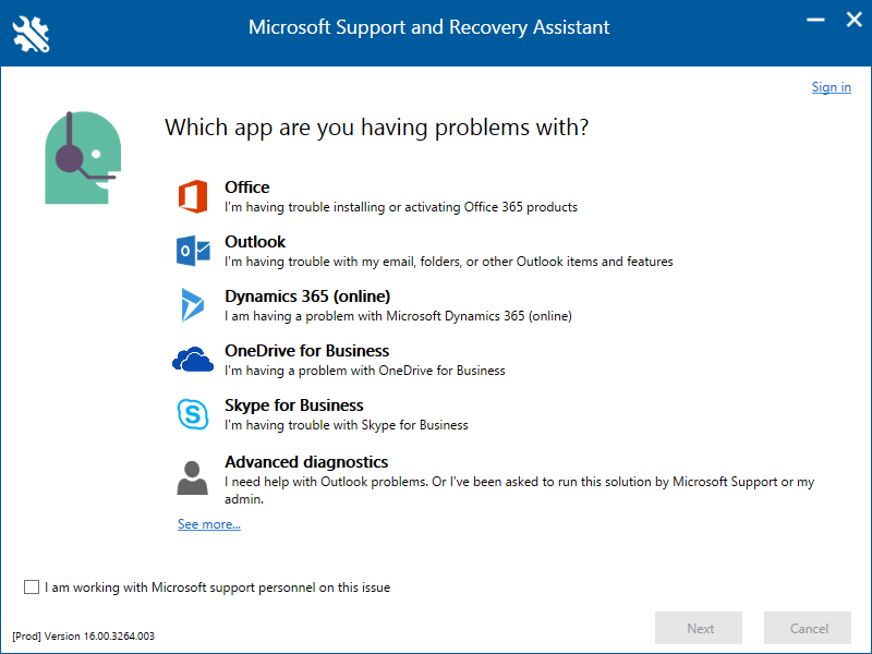 Wygrał projekt Microsoft Support and Recovery Assistant dla oprogramowania Microsoft't install