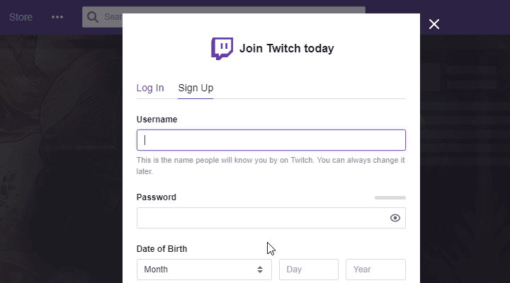 Twitch wygrał't let me sign up 