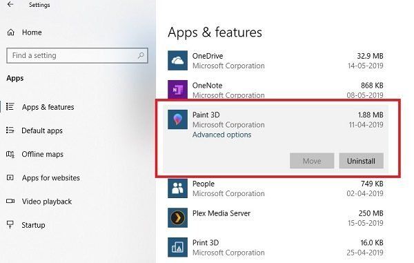 odinstaluj aplikację Paint 3D